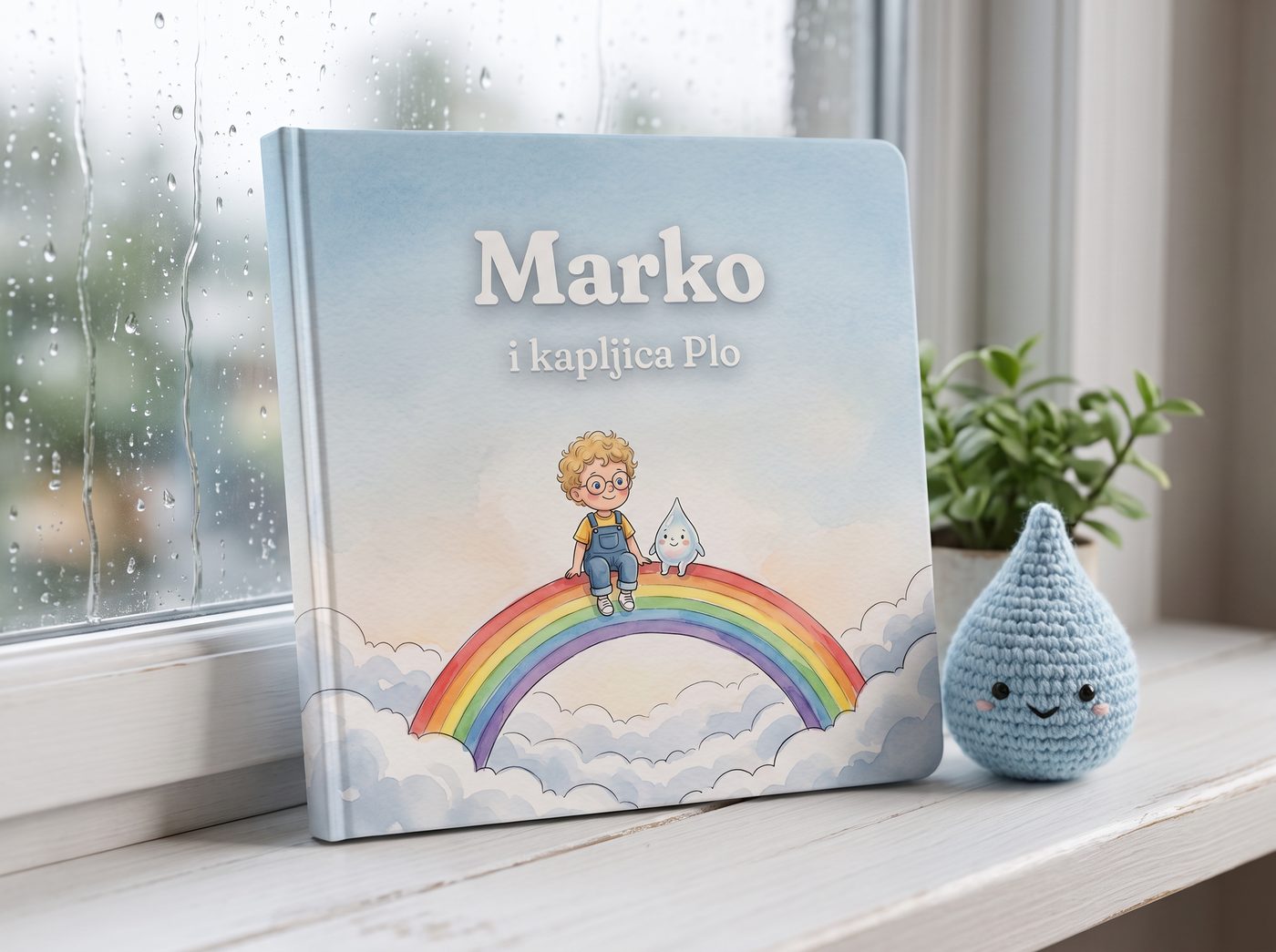 Knjiga „Marko i kapljica Plo“ na prozorskoj dasci dok pada kiša, pored pletene kapljice